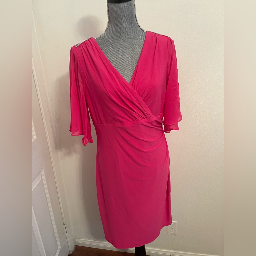 NWT MSK Pink Ruched Wrap Midi Dress with Flutter Sleeves. Size Large